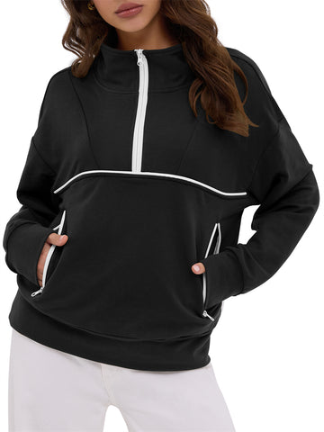 ZAFUL Women's Half Zip Pullover Collared V Neck Pockets Long Sleeve Sweatshirt