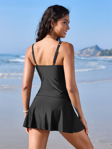 ZAFUL Womens Tummy Control Scalloped V Neck Tankini Bathing Suits with Skirt Bottom