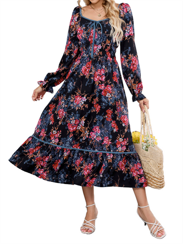 ZAFUL Women's 2025 Long Sleeve Square Neck Fall Boho Floral Midi Dress High Waist Flowy A Line Tiered Wedding Guest Dresses
