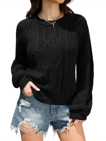 ZAFUL Women's Cable Knit Sweater Crewneck Long Lantern Sleeve Pullover-AMZ