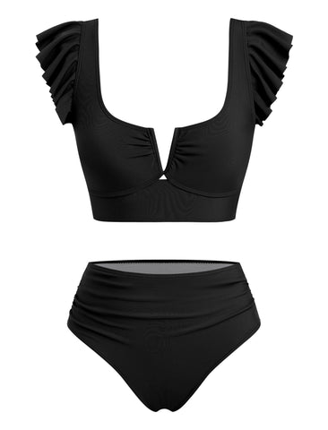 V Neck Tummy Control Two Piece Swimsuit