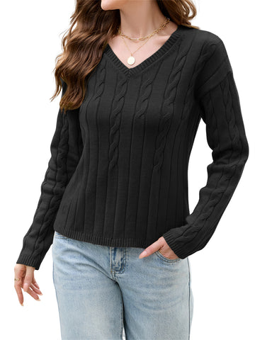 ZAFUL Women's V-Neck Cable Knit Sweater