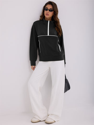 ZAFUL Women's Half Zip Pullover Collared V Neck Pockets Long Sleeve Sweatshirt