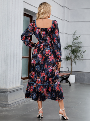 ZAFUL Women's 2025 Long Sleeve Square Neck Fall Boho Floral Midi Dress High Waist Flowy A Line Tiered Wedding Guest Dresses