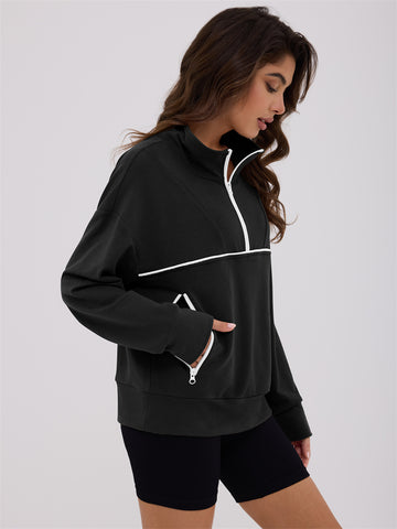 ZAFUL Women's Half Zip Pullover Collared V Neck Pockets Long Sleeve Sweatshirt