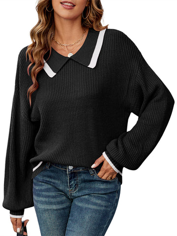 ZAFUL Women's Turn-Down Collar Sweater Pullover Casual Solid Long Sleeve Tops