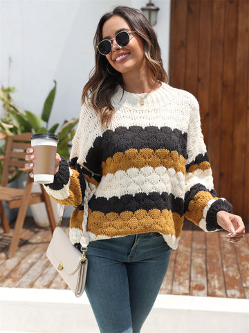 ZAFUL Women's 2024 Crewneck Long Sleeve Striped Color Block Loose Cable Knit Pullover Sweater