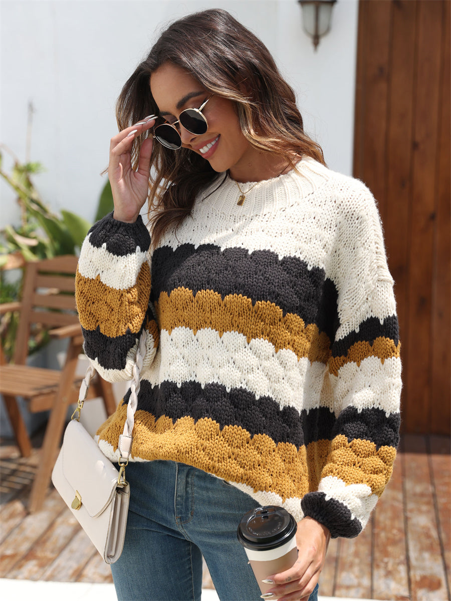 ZAFUL Women's 2024 Crewneck Long Sleeve Striped Color Block Loose Cable Knit Pullover Sweater