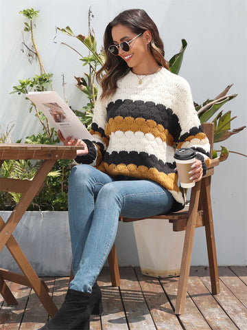 ZAFUL Women's 2024 Crewneck Long Sleeve Striped Color Block Loose Cable Knit Pullover Sweater