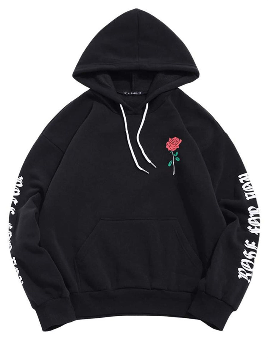 ZAFUL Fleece Hoodie Unisex Rose Letter Print Hooded Pullover Kangaroo Pocket Sweatshirt-AMZ