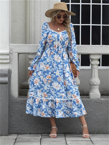 ZAFUL Women's 2025 Long Sleeve Square Neck Fall Boho Floral Midi Dress High Waist Flowy A Line Tiered Wedding Guest Dresses