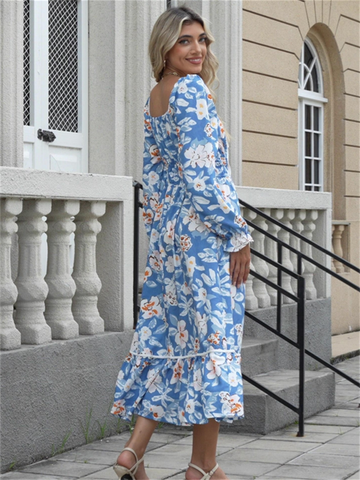 ZAFUL Women's 2025 Long Sleeve Square Neck Fall Boho Floral Midi Dress High Waist Flowy A Line Tiered Wedding Guest Dresses