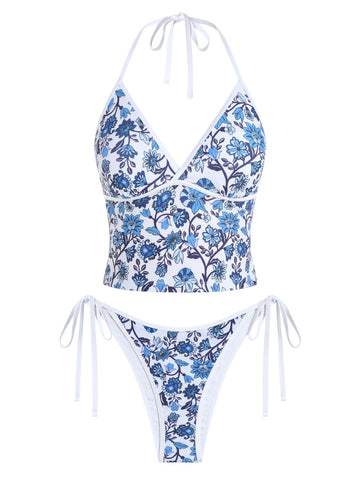 Women's Tankini Swimsuits Floral Halter Tummy Control High Waisted Sexy Bikini Set