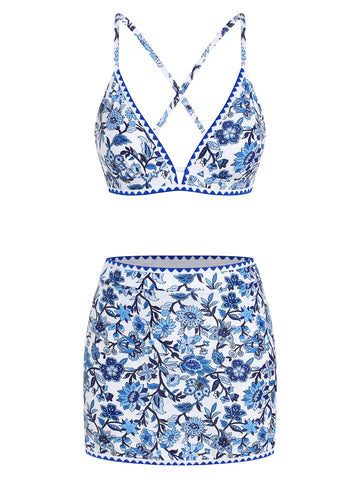 ZAFUL Women's V-Neck Bikini Set with Skirt 2 Piece Swimsuit Tummy Control Bathing Suit