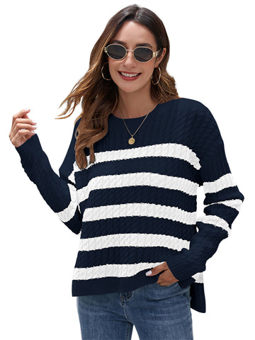 ZAFUL Women's Striped Sweaters Casual Crew Neck Long Sleeve Pullover Oversized Cable Knit Loose Jumper Tops