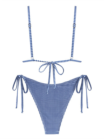 ZAFUL Vintage Gingham Lace Trim Bowknot Decor Halter Triangle Tie Side Bikini Set