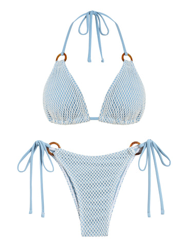 ZAFUL Textured Ring Halter Triangle Bikini Set-AMZ