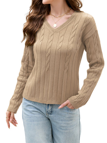 ZAFUL Women's V-Neck Cable Knit Sweater