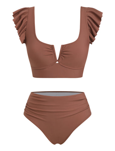 V Neck Tummy Control Two Piece Swimsuit