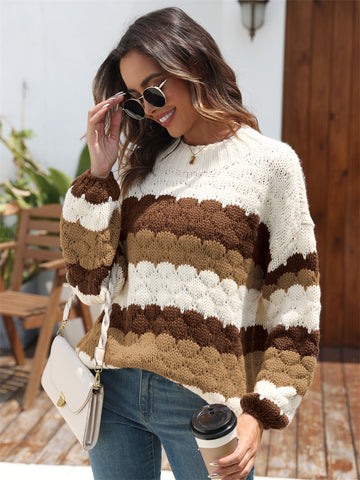 ZAFUL Women's 2024 Crewneck Long Sleeve Striped Color Block Loose Cable Knit Pullover Sweater