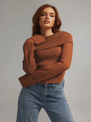 ZAFUL Off Shoulder Fold Over Sweaters Top Casual Solid Long Sleeve Jumper Fall Winter Knitted Pullover Sweater