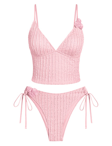 ZAFUL Womens Tankini Swimsuits Texture 3D Flower Decor Cropped Bikini Swimsuit 2 Pieces Cutout Bathing Suit-AMZ