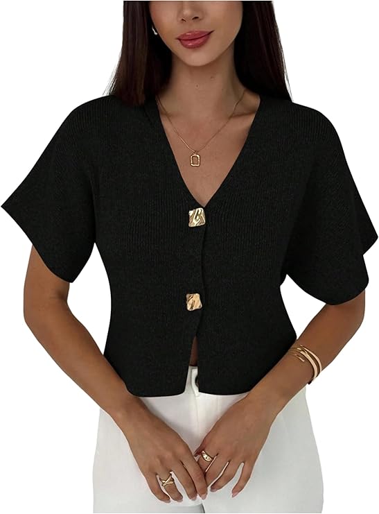 ZAFUL Women's Short Sleeve Office Spring Fall Winter Cardigan Sweater Button Down V Neck Slim Fit Knit Tops-AMZ、