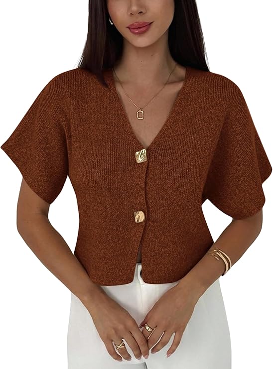 ZAFUL Women's Short Sleeve Office Spring Fall Winter Cardigan Sweater Button Down V Neck Slim Fit Knit Tops-AMZ、