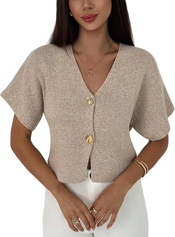 ZAFUL Women's Short Sleeve Office Spring Fall Winter Cardigan Sweater Button Down V Neck Slim Fit Knit Tops-AMZ、