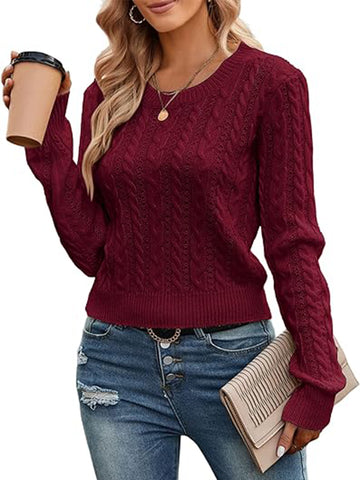 Cable-Cropped-Sweater-Wine Red