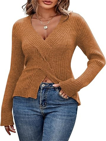 ZAFUL Women's Criss Cross V Neck Sweaters 2024 Dressy Casual Front Slit Ribbed Knit Pullover Sweater Jumper Tops