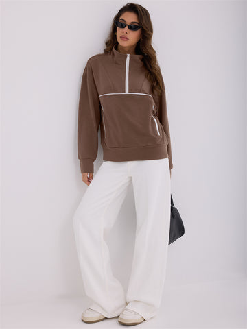 ZAFUL Women's Half Zip Pullover Collared V Neck Pockets Long Sleeve Sweatshirt