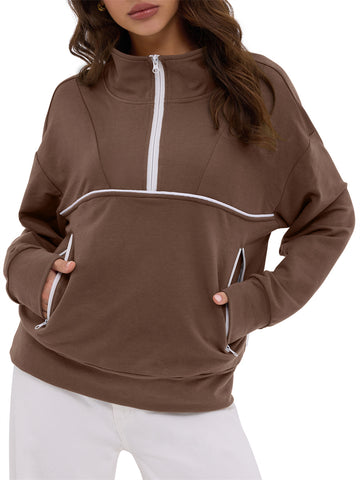 ZAFUL Women's Half Zip Pullover Collared V Neck Pockets Long Sleeve Sweatshirt