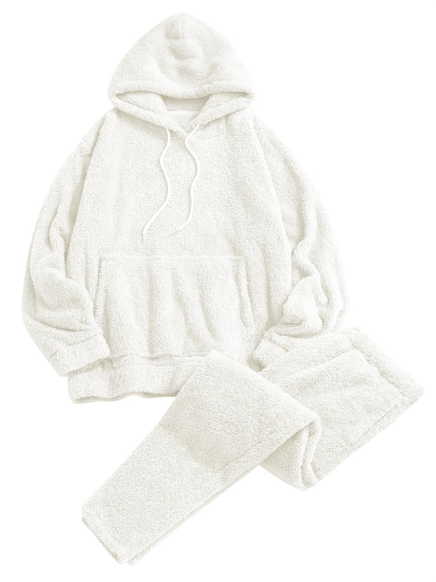 ZAFUL Women's Fuzzy Fleece Pajamas Sets Loungewear Long Sleeve pocket Casual Hoodies and Pants Set 2 Piece Fluffy Sleepwear