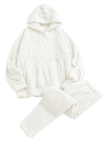 ZAFUL Women's Fuzzy Fleece Pajamas Sets Loungewear Long Sleeve pocket Casual Hoodies and Pants Set 2 Piece Fluffy Sleepwear