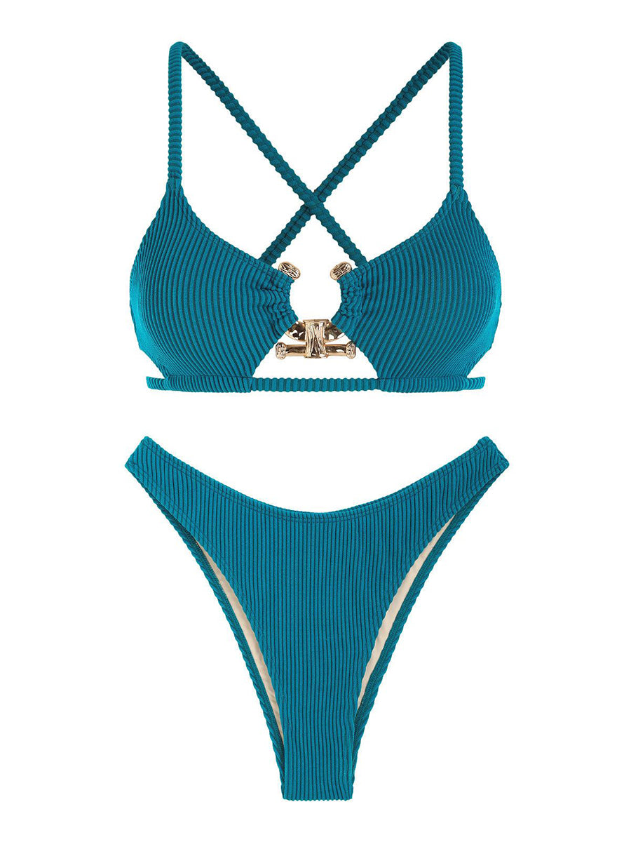 Criss-Cross-Textured-Cutout-Bikini-Blue