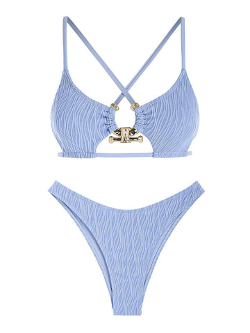 Criss-Cross-Textured-Cutout-Bikini-Light Blue