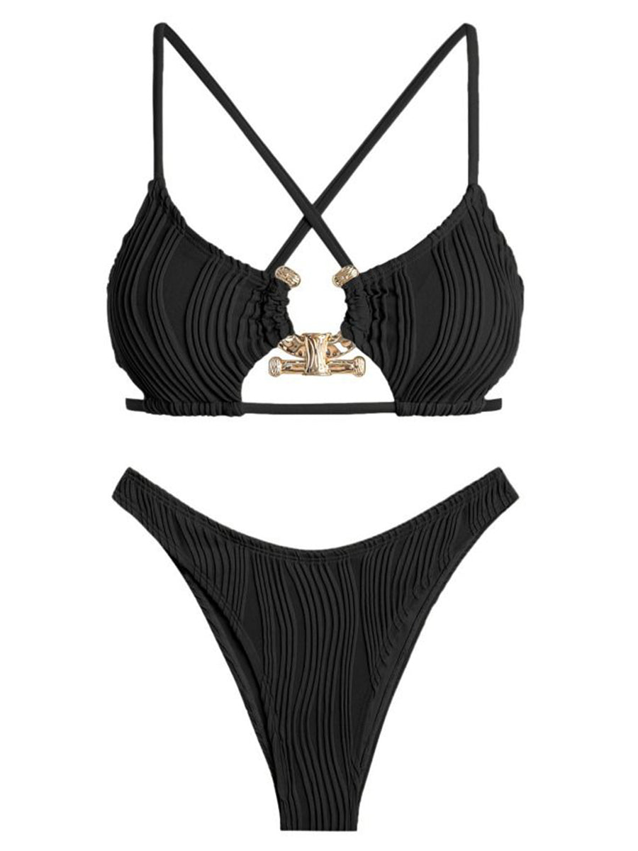 Criss-Cross-Textured-Cutout-Bikini-Black