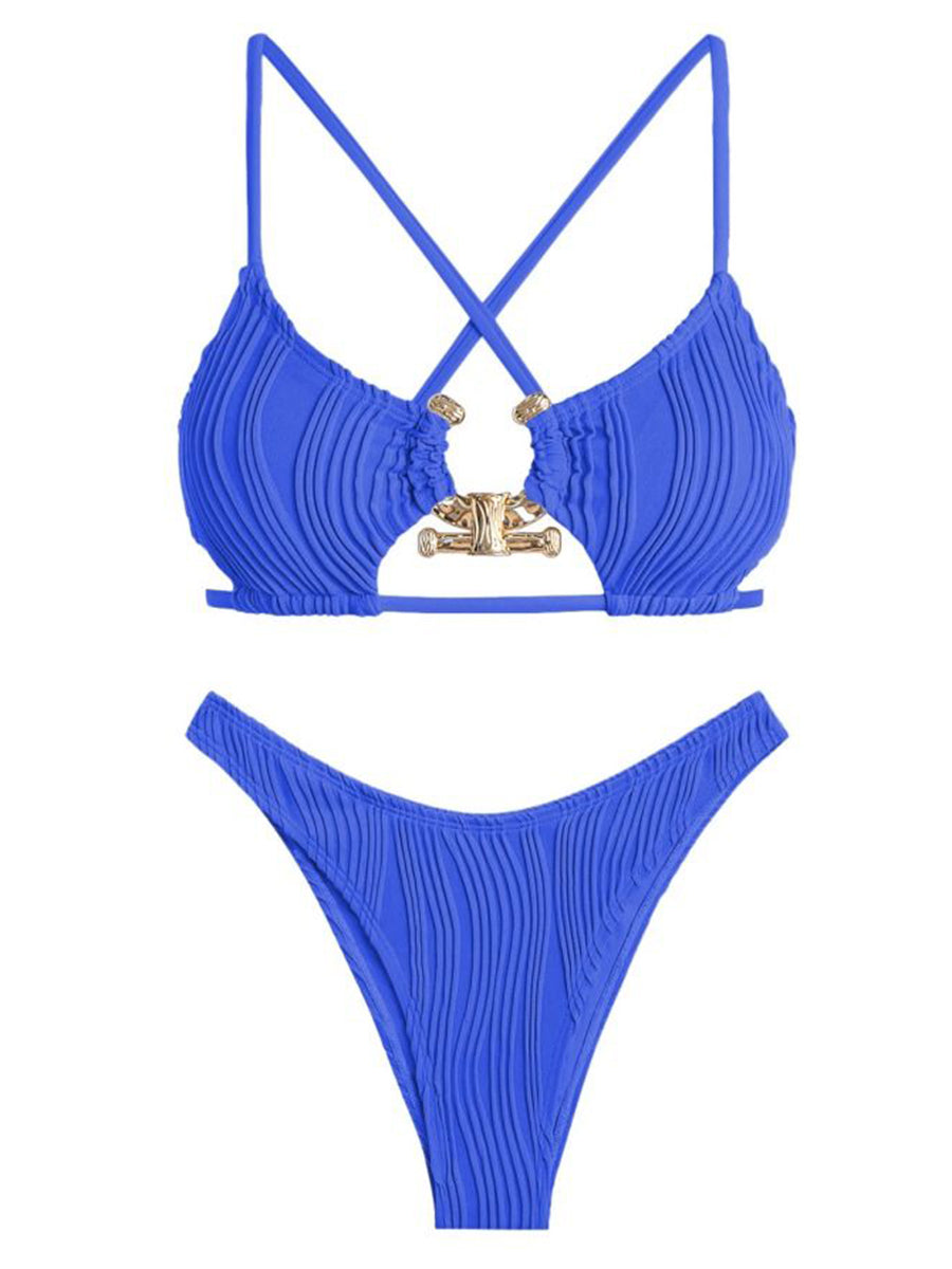 Criss-Cross-Textured-Cutout-Bikini-Royal Blue