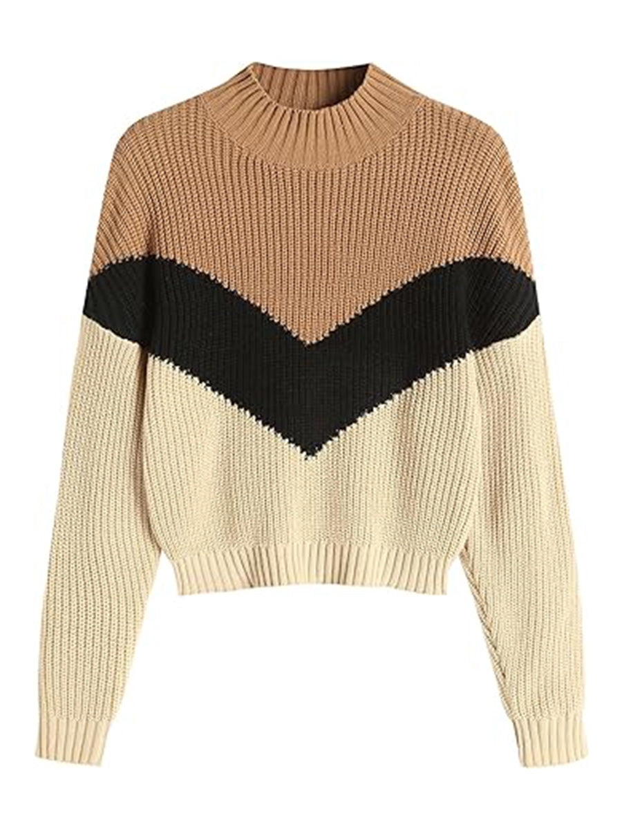 Cropped-Turtleneck-Sweater-Color Block Brown