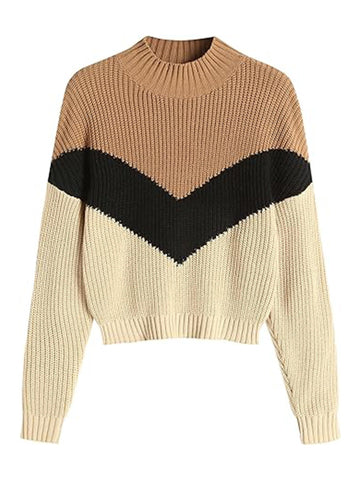 Cropped-Turtleneck-Sweater-Color Block Brown