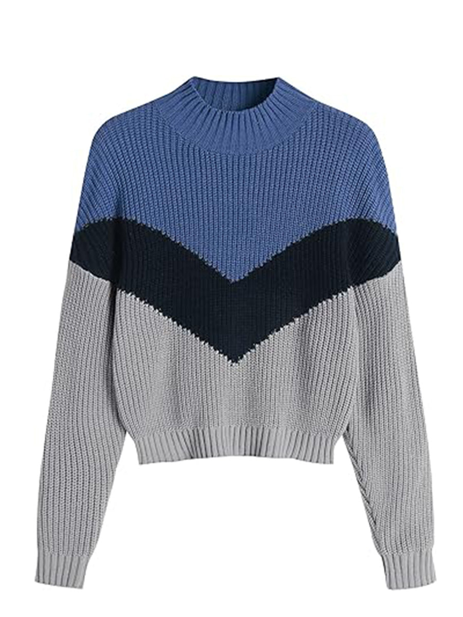 Cropped-Turtleneck-Sweater-Color Block Blue