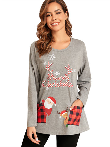 ZAFUL Womens Halloween Christmas Casual Long Sleeve Crewneck Santa Graphic Blouse Fashion Tops