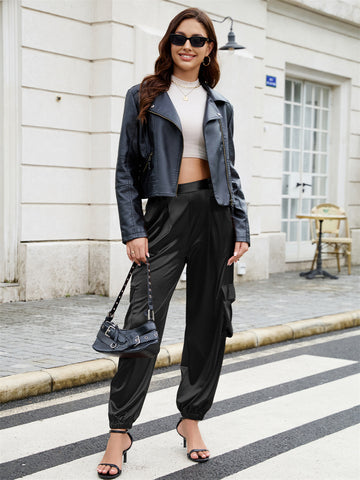 ZAFUL Womens Satin Joggers 2025 Boho Chic Cargo Jogger Pants High Waisted Stretch Silk Ankle Pants Slack Trousers