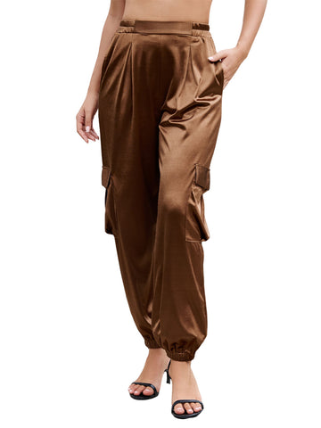 ZAFUL Womens Satin Joggers 2025 Boho Chic Cargo Jogger Pants High Waisted Stretch Silk Ankle Pants Slack Trousers