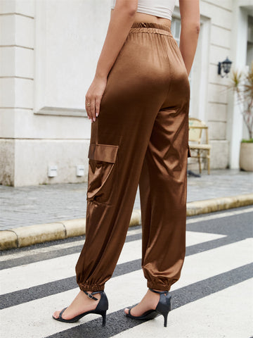 ZAFUL Womens Satin Joggers 2025 Boho Chic Cargo Jogger Pants High Waisted Stretch Silk Ankle Pants Slack Trousers