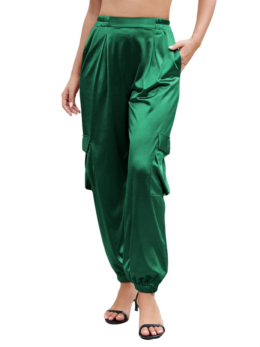 ZAFUL Womens Satin Joggers 2025 Boho Chic Cargo Jogger Pants High Waisted Stretch Silk Ankle Pants Slack Trousers