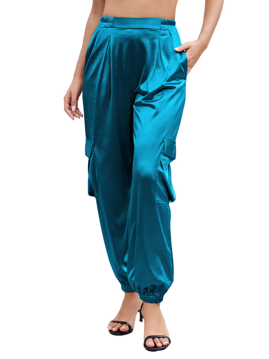 ZAFUL Womens Satin Joggers 2025 Boho Chic Cargo Jogger Pants High Waisted Stretch Silk Ankle Pants Slack Trousers