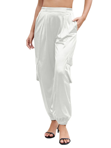 ZAFUL Womens Satin Joggers 2025 Boho Chic Cargo Jogger Pants High Waisted Stretch Silk Ankle Pants Slack Trousers