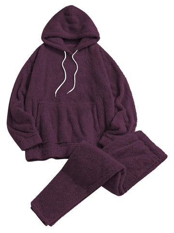 ZAFUL Women's Fuzzy Fleece Pajamas Sets Loungewear Long Sleeve pocket Casual Hoodies and Pants Set 2 Piece Fluffy Sleepwear
